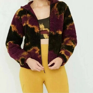 NWOT JoyLab Maroon Yellow Black Tie Dye Hooded Zip Up Fleece Size Small